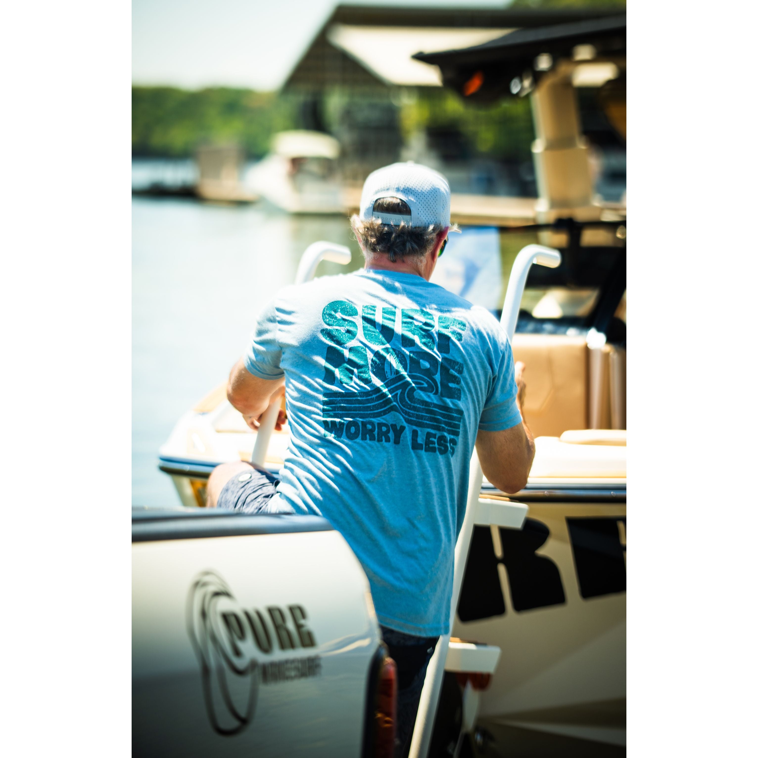 Surf More Worry Less Tee – Lake Blue