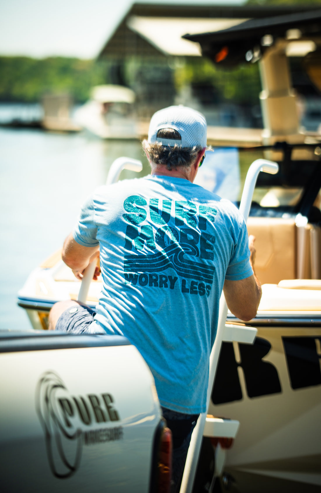 Surf More Worry Less Tee – Lake Blue